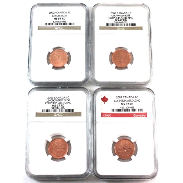 1-cent 2002P Jubilee, 2003 No P Old Effigy, 2003 New Effigy, & 2004 NGC MS67 Red. 4pcs.