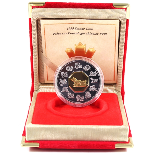 1999 $15 Year of the Rabbit Lunar Sterling Silver Coin w/ 24-karat Gold Plated Cameo