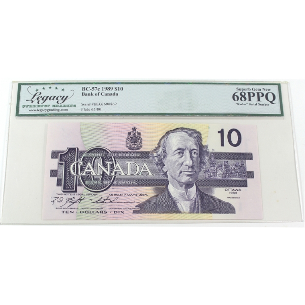 RADAR BC-57c 1989 $10 4-digit RADAR Legacy Superb GEM UNC68 PPQ Knight-Thiessen SN:BEG2680862