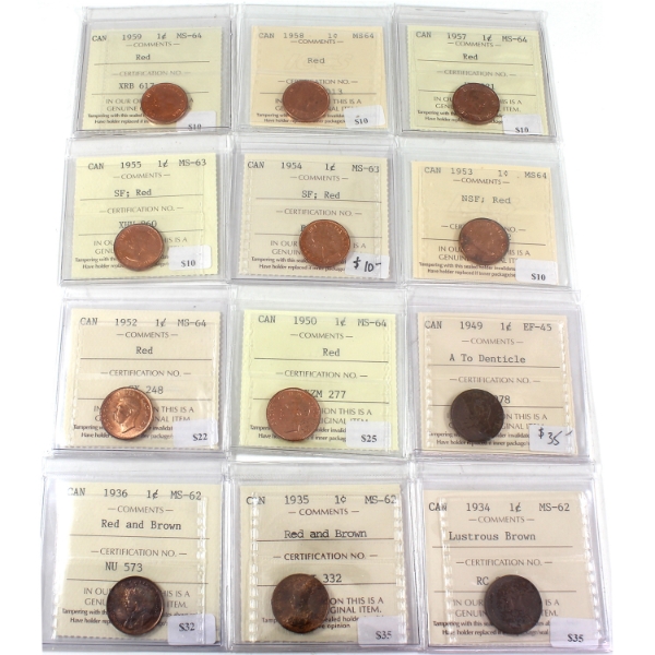 1-cent 1934-1959 ICCS EF45 to MS64. 12pcs