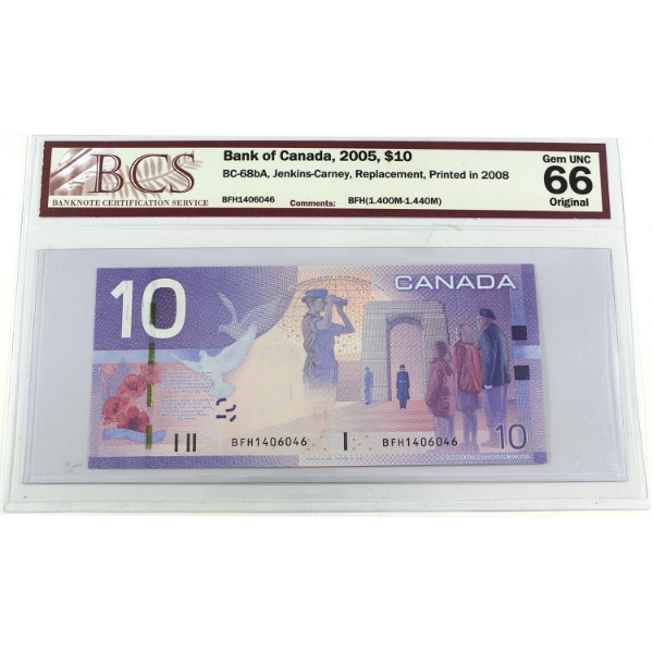 BC-68bA 2005 $10 BCS GEM UNC66 Original Jenkins-Carney BFH Replacement Printed in 2008 