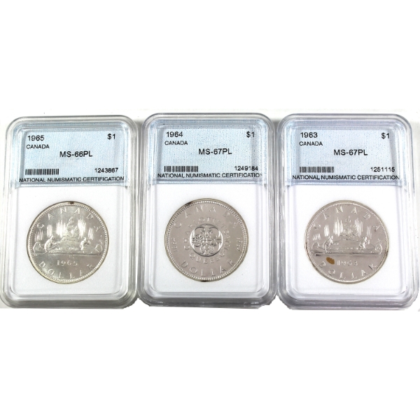 Silver $1 1963 MS67, 1964 MS67 & 1965 MS66 NNC Certified PL. 3pcs