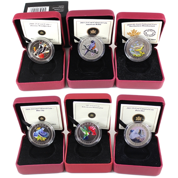 Bulk Lot of 2007-2014 25-cent Birds of Canada Coins w/ Selective Colour. 6pcs.