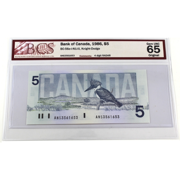 RADAR BC-56e-i-N1-iii 1986 $5 4-digit RADAR BCS GEM UNC65 Original Knight-Dodge SN:ANS3561653