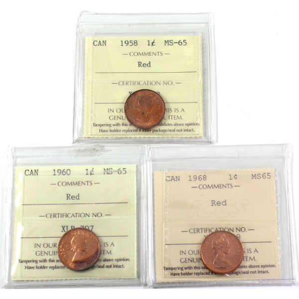 1-cent 19858, 1960, & 1968 ICCS MS65. 3pcs.