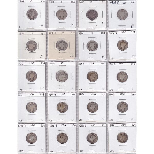Bulk Lot of USA 1899-1998 Dimes, Some Proofs in 20-Pocket Sheets. 139pcs.