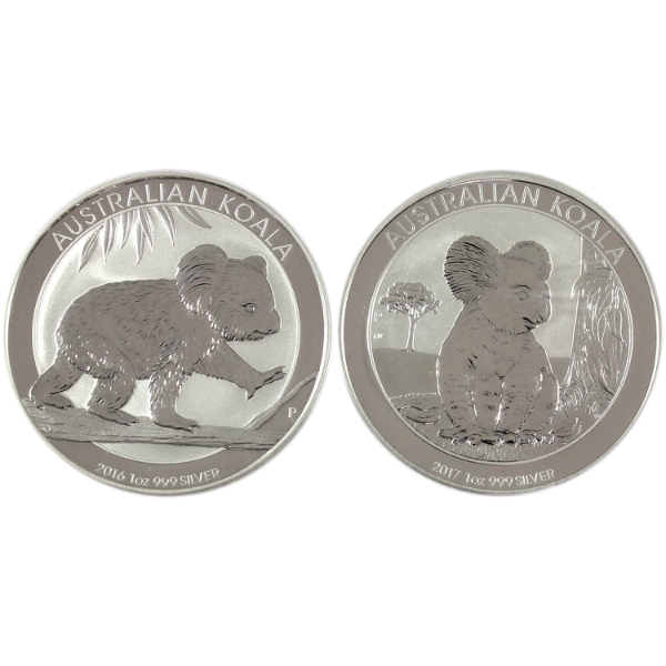 2x 1oz Australia 2016 & 2017 Koala .999 Fine Silver Rounds. 2pcs (Tax Exempt)