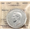 Image 1 : Silver $1 1947 Maple Leaf, Dbl HP ICCS MS60