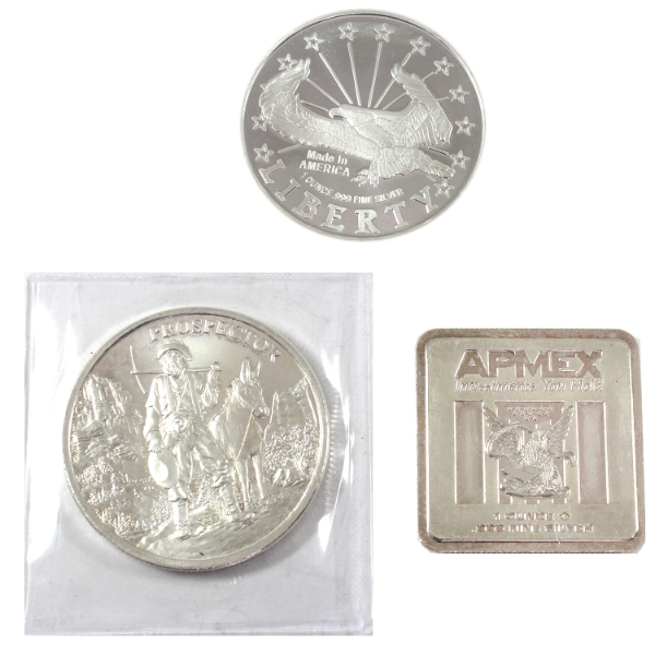 3x 1oz Mixed .999 Fine Silver Rounds & Bar. 3pcs. (Tax Exempt)