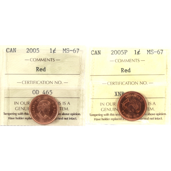 1-cent 2005 & 2005P ICCS MS67 Red. 2pcs.