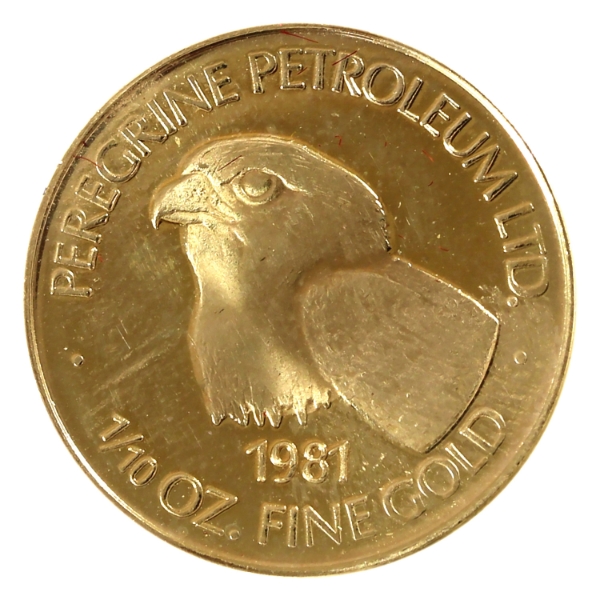 1/10oz Gold Sherritt Mint 1981 Peregrine Petroleum LTD Mosquito Creek Gold Mining Co .999 Fine Gold 