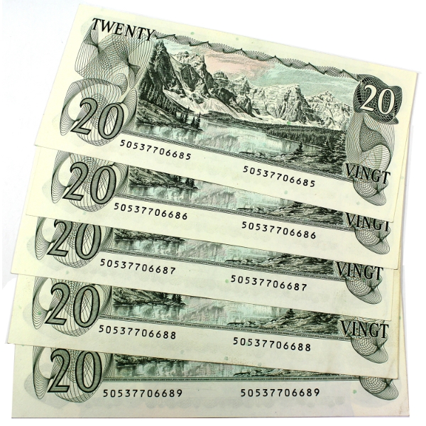BC-54a 1979 $20 Consecutive Lawson-Bouey SN:50537706685-"89. 5pcs.