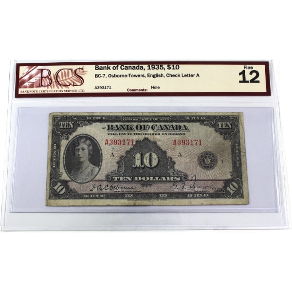 BC-7 1935 $10 English BCS F12 Osborne-Towers SN: A393171 ppA