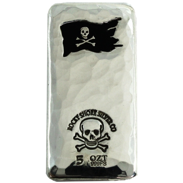 5oz Rocky Shore Silver Co. Hammered Bar w/ Enameled Black Flag .999 Fine Silver (Tax Exempt)
