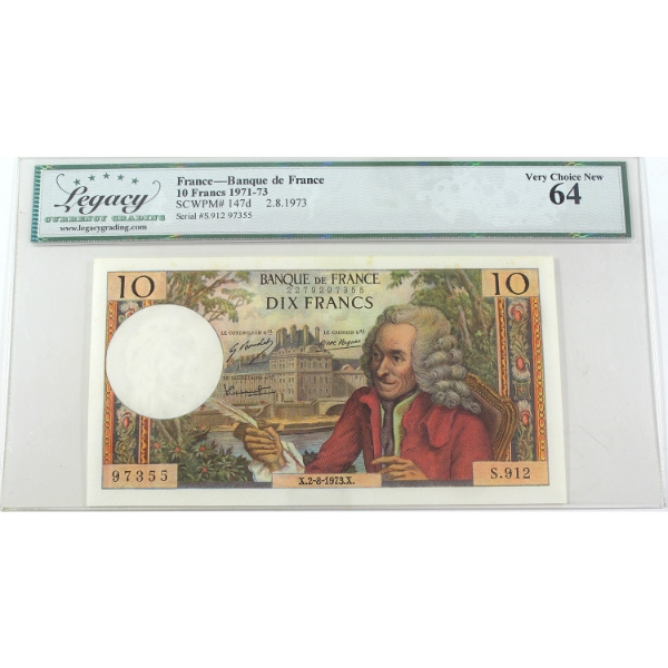France 1973 Pick-147d Banque de France 10 Francs Legacy Choice UNC64 SN: S.912 97355