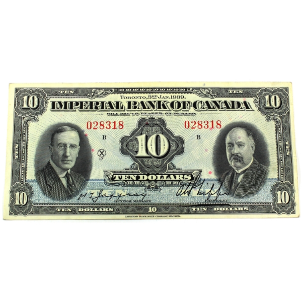 375-24-04 1939 $10 Imperial Bank of Canada VF20 Jaffray-Phipps SN: 028318