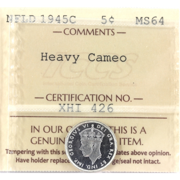 Newfoundland 5-cent 1945C ICCS MS64 HC