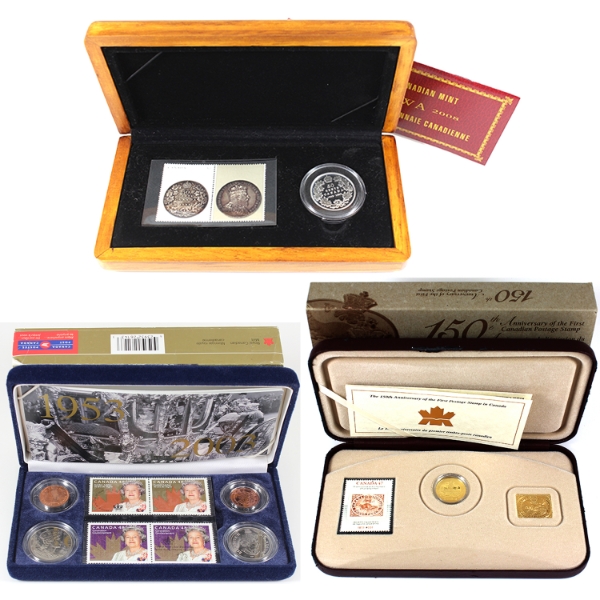 Group Lot of 2001-2008 Commemorative Coin & Stamp Collections. 3 Sets