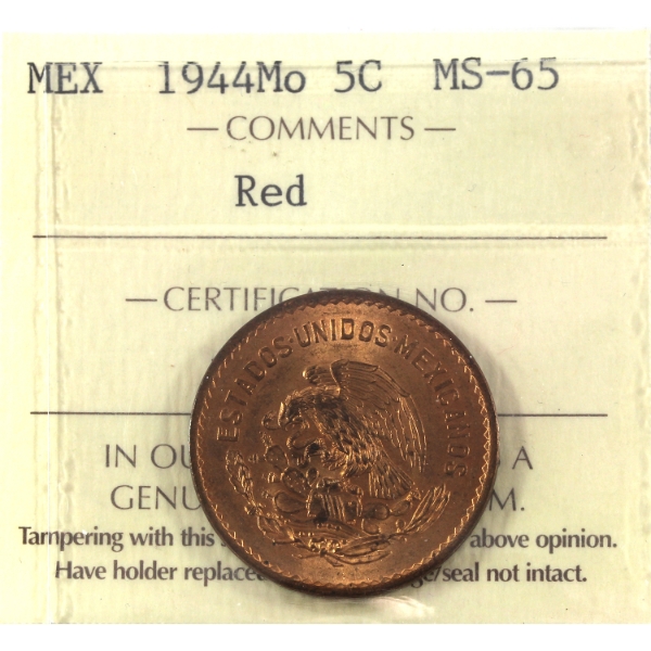Mexico 1944Mo 5 Centavos ICCS MS65 Red