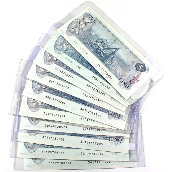BC-53a & BC-53b 1979 $5 UNC or Better Lawson-Bouey & Crow-Bouey. 10pcs.