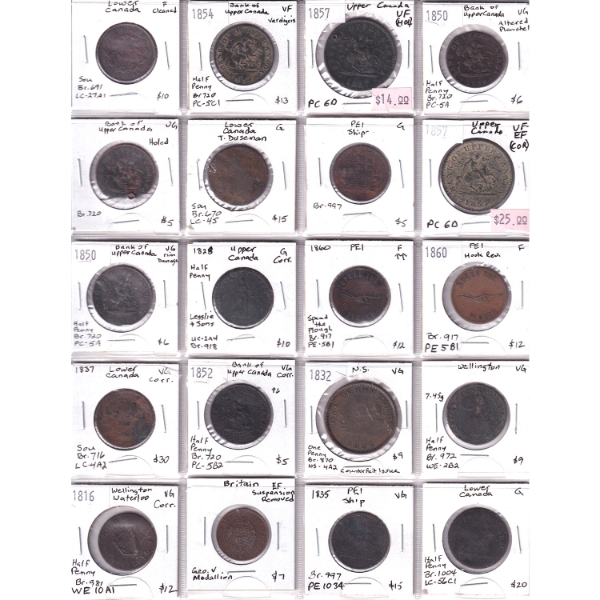 Canada & Great Britain Mixed Tokens 1816-1860 G to VF-EF in 20-Pocket Sheet. 20pcs.