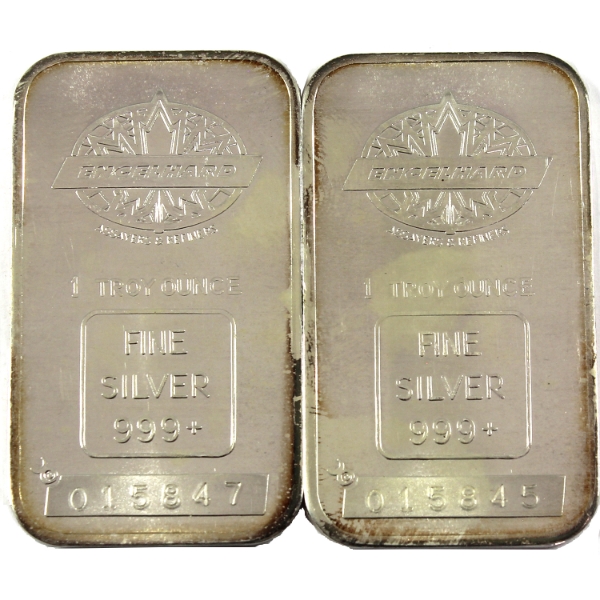2x 1oz Engelhard c.1981 Maple Leaf Logo .999+ Silver Bars. 5pcs. (Tax Exempt)