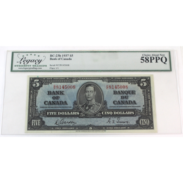 BC-23b 1937 $5 Legacy AU58 PPQ Gordon-Towers SN: C/C8145008