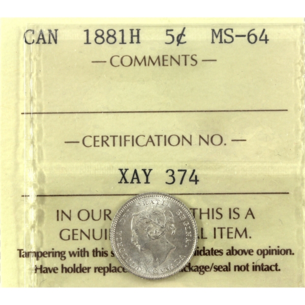 5-cent 1881H ICCS MS64