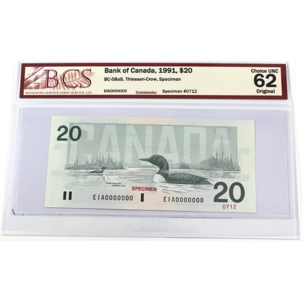 BC-58aS 1991 $20 SPECIMEN BCS CUNC62 Original Thiessen-Crow SN: EIA0000000 0712