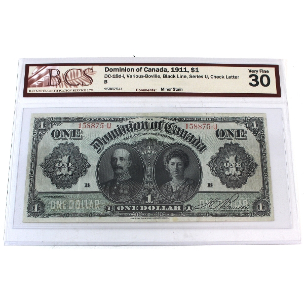 DC-18d-i 1911 $1 BCS VF30 Various-Boville Black Line Series U Check Letter B SN: 158875-U 