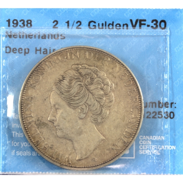 Netherland 1938 2 1/2 Gulden Deep Hair Lines CCCS VF30