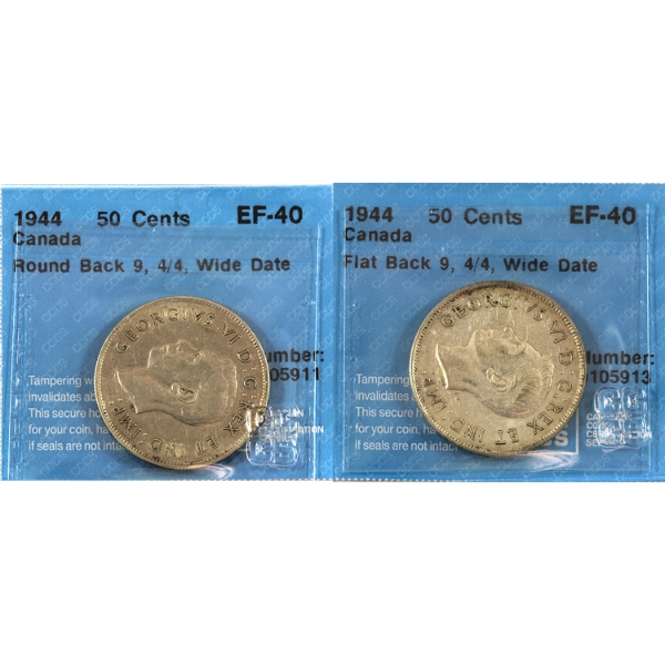 50-cent 1944 4/4 Wide Date; Flat Back 9 & Round Back 9 Varieties CCCS EF40. 2pcs.