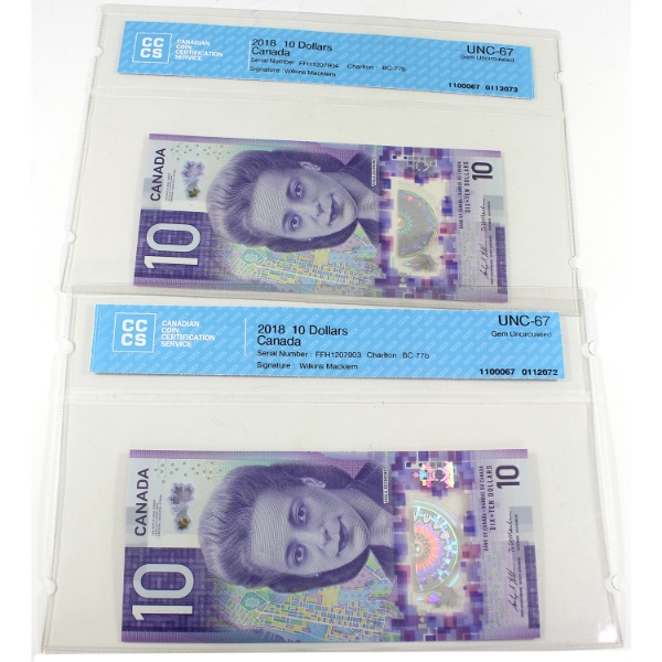 BC-77b 2018 $10 Consecutive CCCS GEM UNC67 Wilkins-Macklem SN: FFH1207903/904. 2pcs