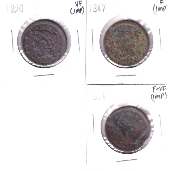 USA 1847-1851 Liberty Bust Cent F to VF (Impaired). 3pcs.