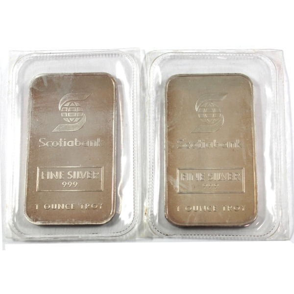 2x 1oz Scotiabank w/ JM Johnson Matthey Backing Consecutive .999 Fine Silver Bars. 2pcs.