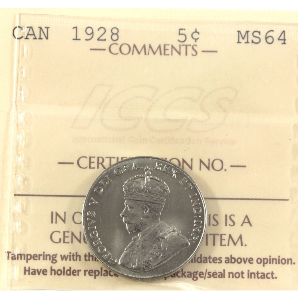 5-cent 1928 ICCS MS64