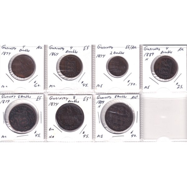 Bulk Collection of 1864-1889 Guernsey Doubles Tokens EF to AU in 8-Pocket Sheet. 7pcs.