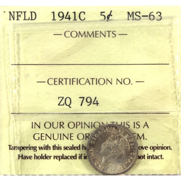 Newfoundland 5-cent 1941C ICCS MS63