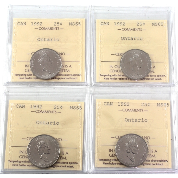 4x 25-cent 1992 Ontario ICCS MS65. 4pcs