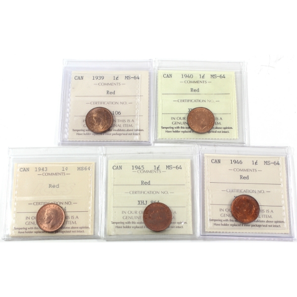 1-cent 1939-1946 ICCS MS64 Red. 5pcs.