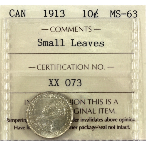 10-cent 1913 Small Leaves ICCS MS63