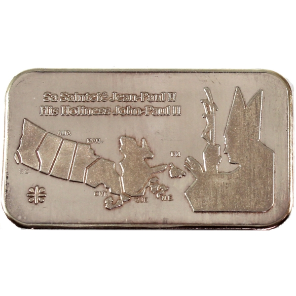 1oz National Refiners 1984 Canada Papal Visit, John Paul II .999+ Silver Bar (Tax Exempt)