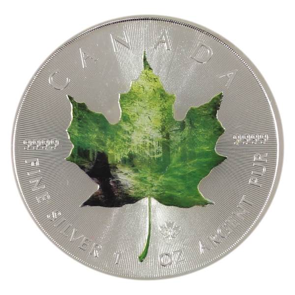 1oz 2014 $5 Silver Maple Leaf .999 Fine Silver Coin w/ Selective Green Colouring (Tax Exempt)