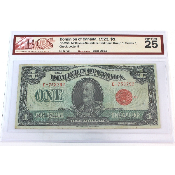 DC-25b 1923 $1 Red Seal, Group 1, Series E BCS VF25 McCavour-Saunders, Check Letter B SN: E-753792