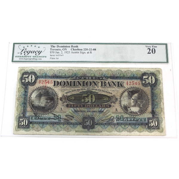 220-22-08 1925 $50 Dominion Bank Legacy VF20 Toronto ON,  Austin Sign. at R SN: 42545