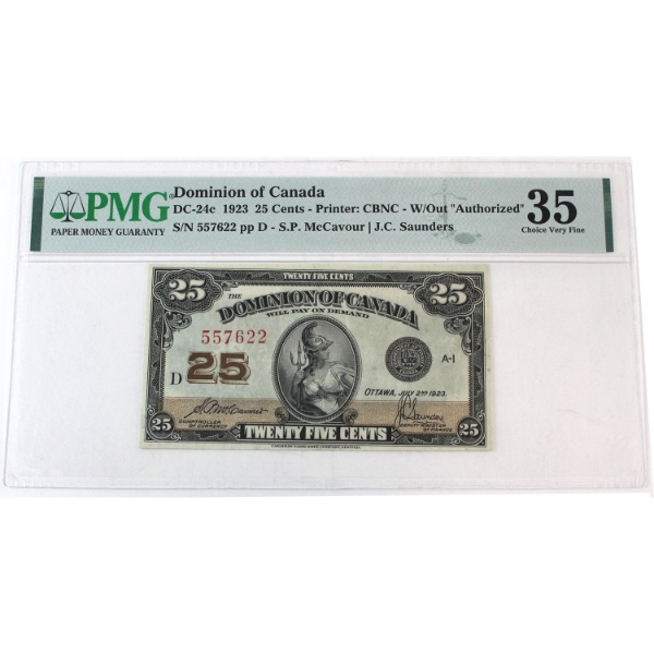 DC-24c 1923 25-cent PMG Choice VF35 McCavour-Saunders W/Out "Authorized" SN: 557622