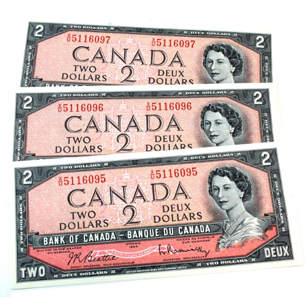 3x BC-38b 1954 $2 Consecutive Notes in Sequence X/U5116095, 5116096 & 5116097 UNC or Better. 3pcs.