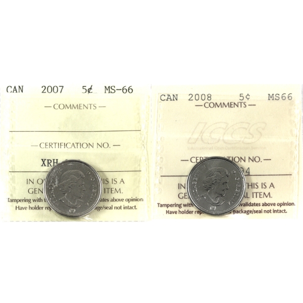 5-cent 2007 & 2008 ICCS MS66. 2pcs.