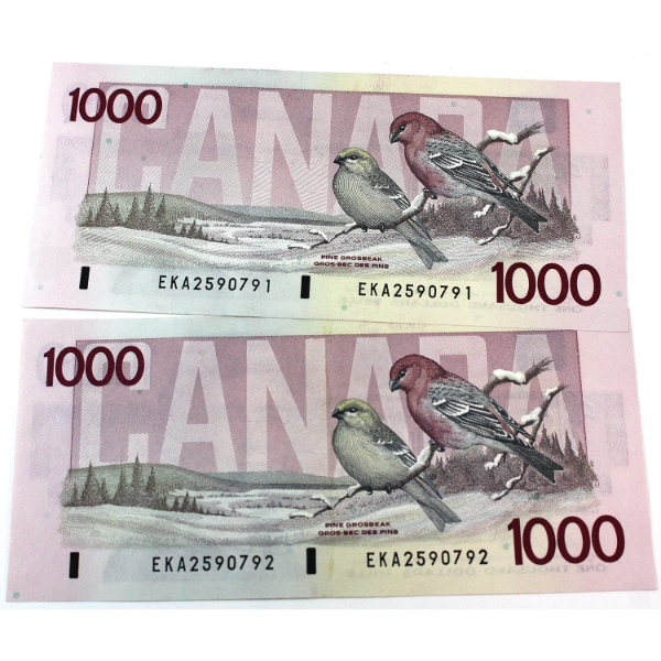 BC-61b 1988 $1000 Consecutive AU or Better Bonin-Thiessen Banknotes. SN: EKA2590791 & "92. 2pcs.