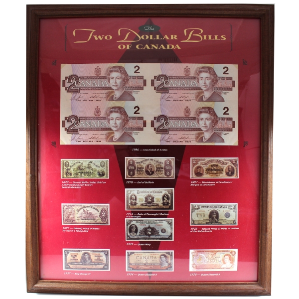 'The Two Dollar Bills of Canada' Uncut Sheet of 4x Thiessen-Crow $2 Banknotes in Wooden Frame